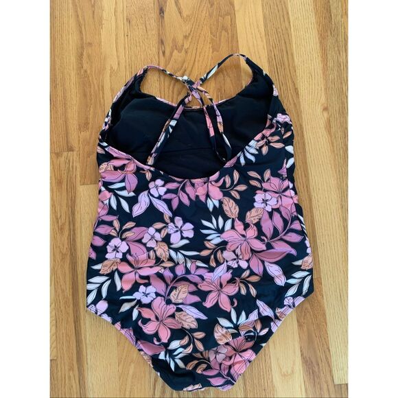 AQUA COUTURE One Piece Swimsuit Black Orange Pink Florals - Picture 5 of 9